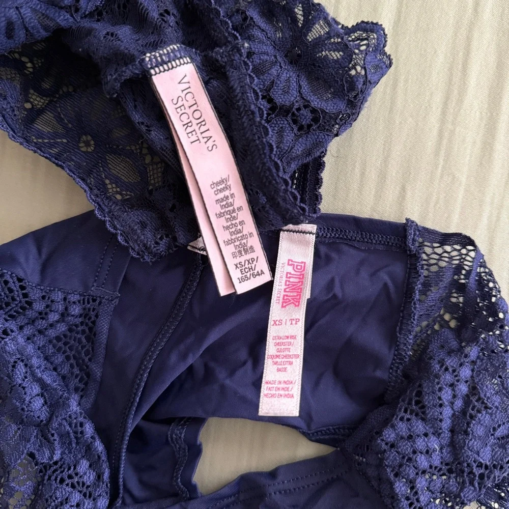 Navy Blue Floral Lace Push Up Bra 32C & Matching Cheeky Panties XS Daisy Set